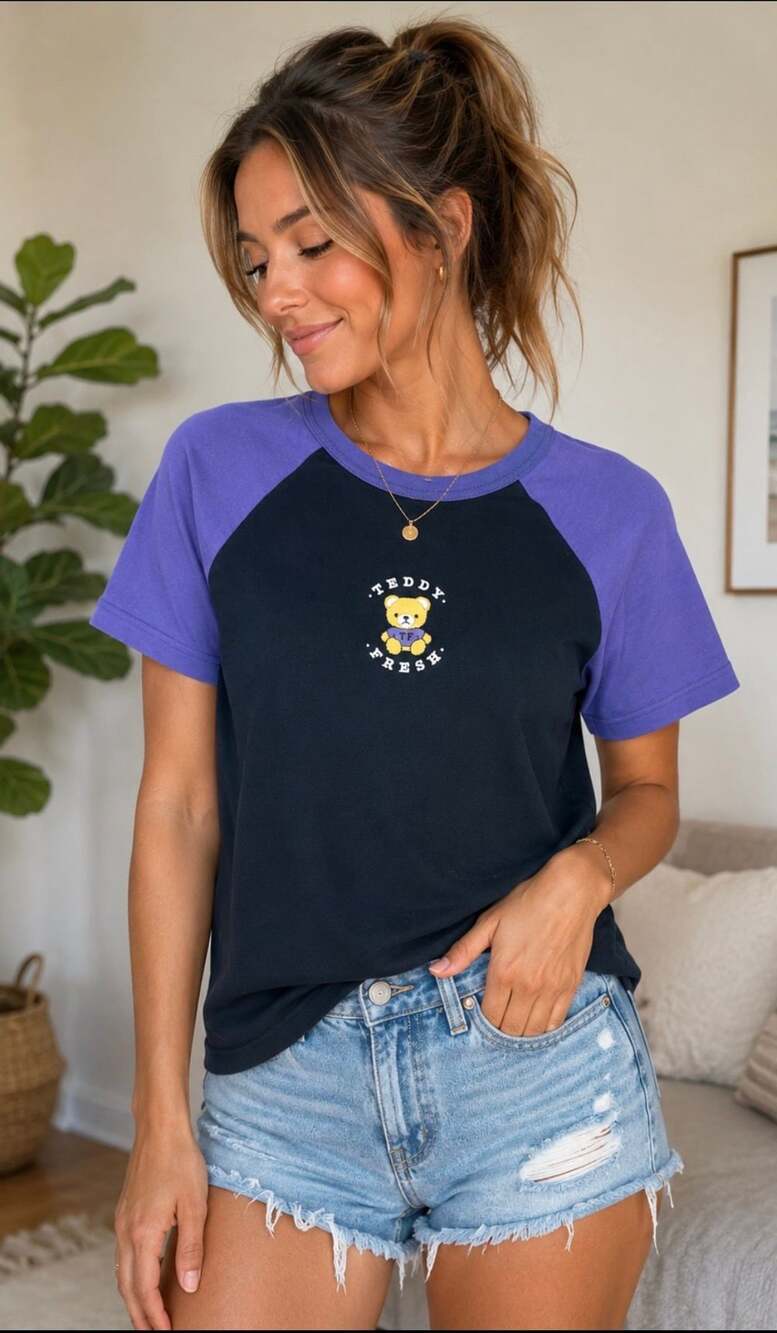 Teddy Fresh Black and Purple Raglan Short Sleeve T-Shirt with Bear Logo